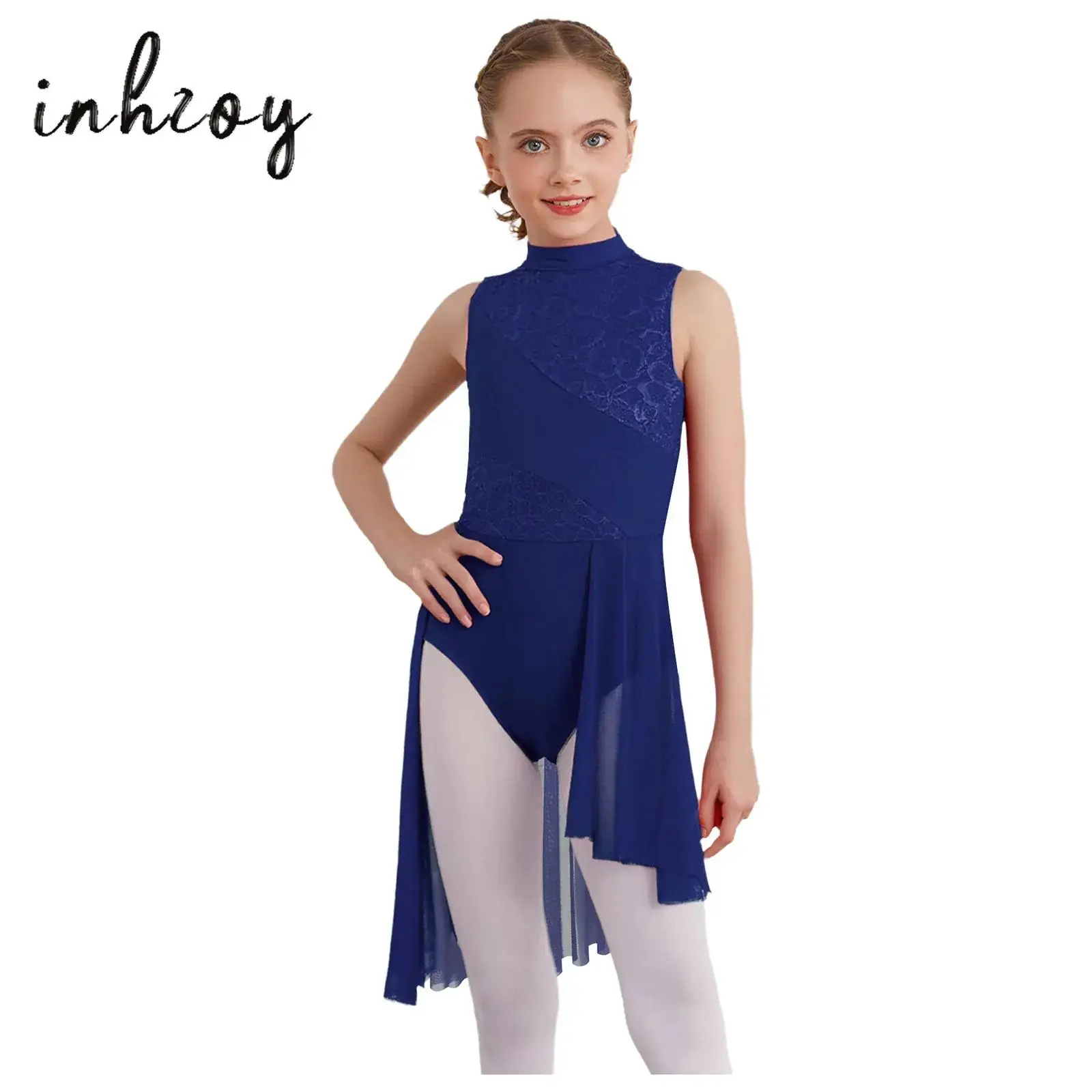 

Kids Girls Lyrical Ballet Dance Dress Mock Neck Sleeveless Keyhole Back Floral Lace Patchwork Asymmetrical Hem Leotard Dress