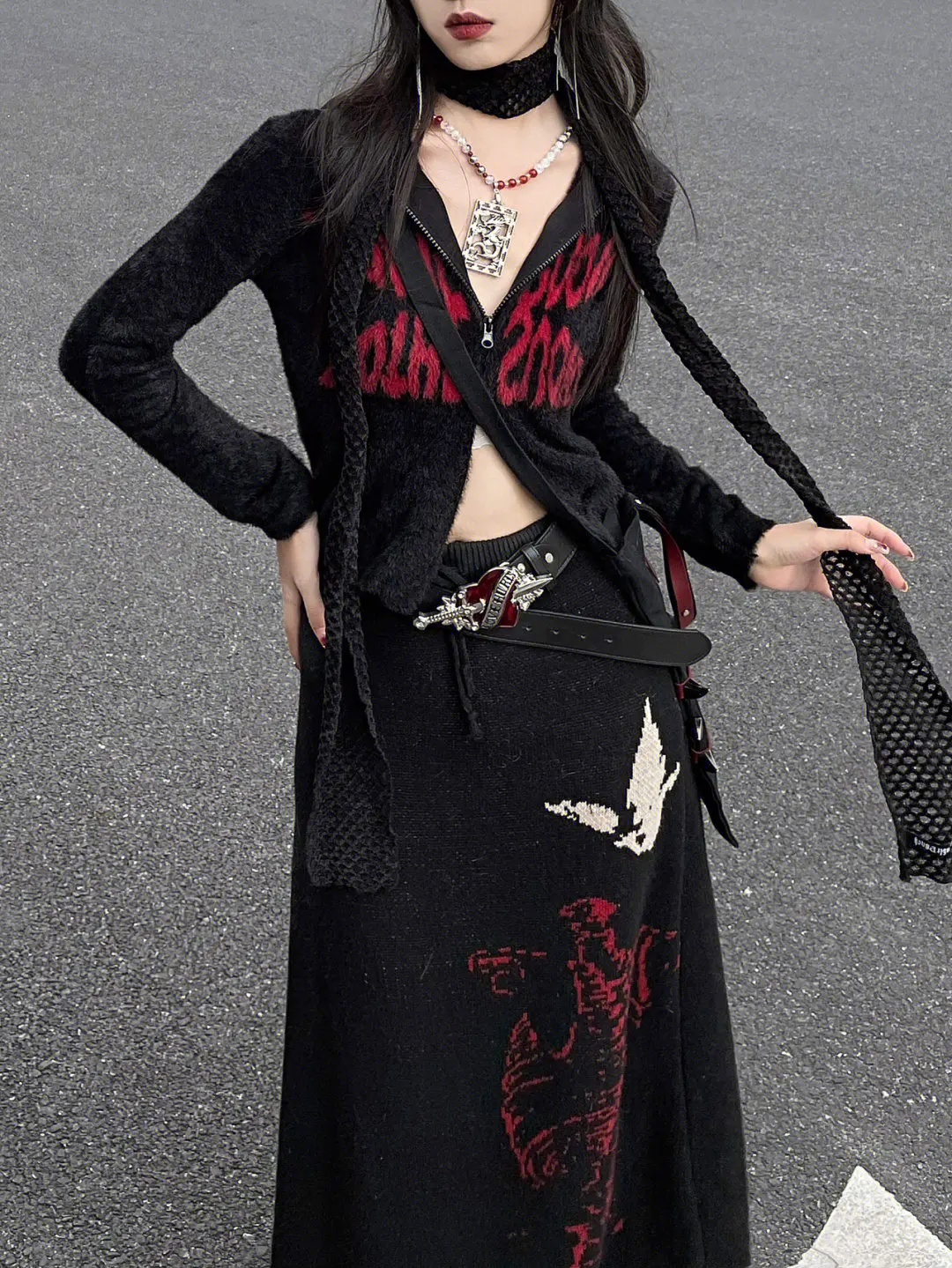 New 2023 Women Autumn Black Sweater and Long Skirt Set Gothic Cool Girls Furry Open Stitch Butterfly Skirt 2pcs Knitted SuitY2k