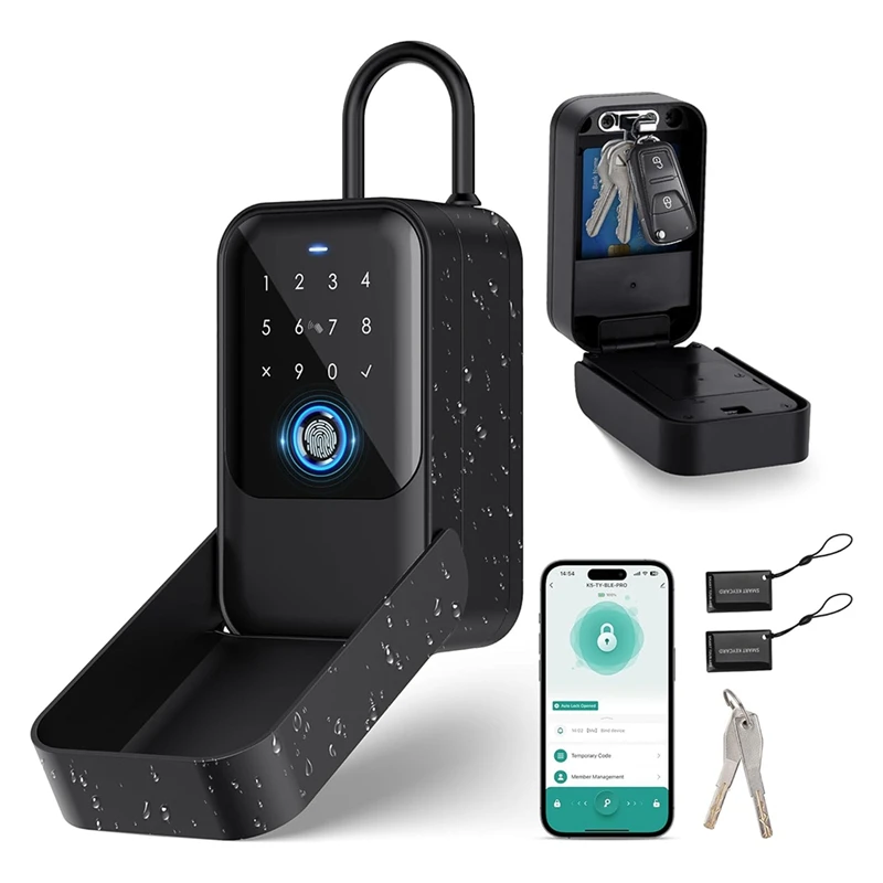 AB47-Smart Key Lock Box, Bluetooth Lock Box z czytnikiem linii papilarnych, kodem dostępu i kartą dostępu oraz kluczem ręcznym i kontrolą aplikacji, odcisk palca