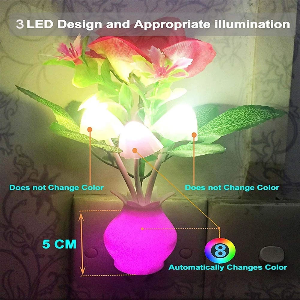 Luz Nocturna Led con Sensor, interruptor automático enchufable, inserto de flor rosa, seta, lámpara de noche, luz de pared, Linda luz nocturna para niños