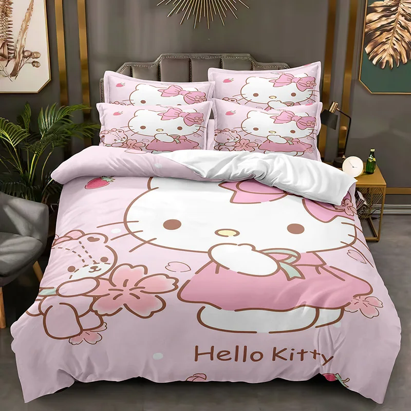 Cute Cartoon Hello Kitty Printed Home Wygodny zestaw pościeli Miękka trzyczęściowa poszewka na kołdrę Dziewczyna Dorosły Pełny rozmiar