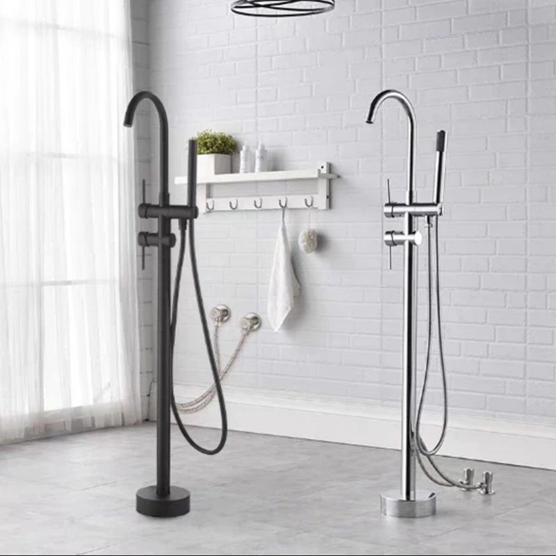 Black Freestanding Bathtub Faucet Floor Mounted Shower Mixer Tap Swivel Spout for Hot and Cold Water Use