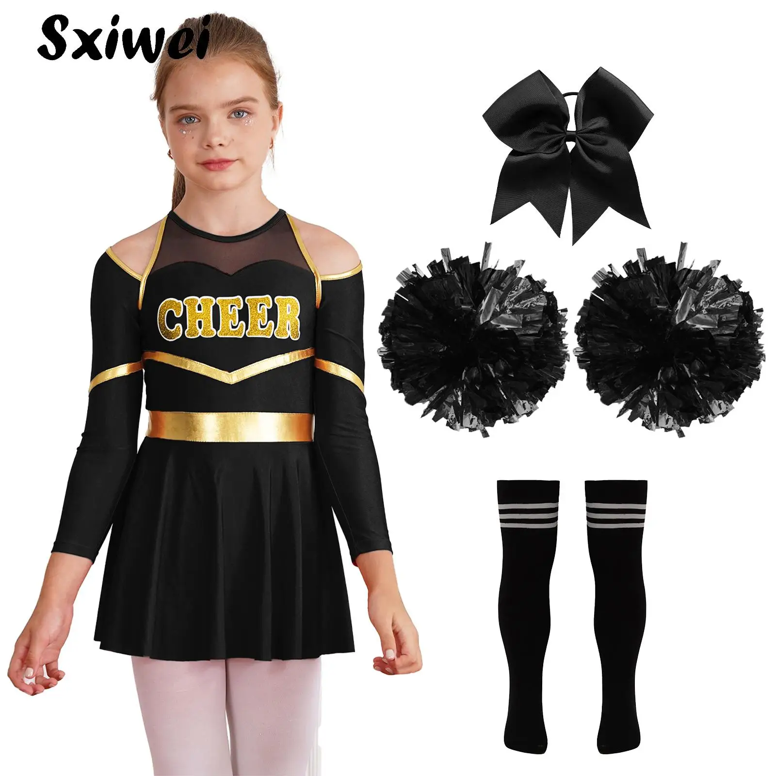Girls Cheerleader Costume Cheerleading Uniform School Cheer Dance Outfit Off-shoulder Long Sleeves Dance Dress with Accessories