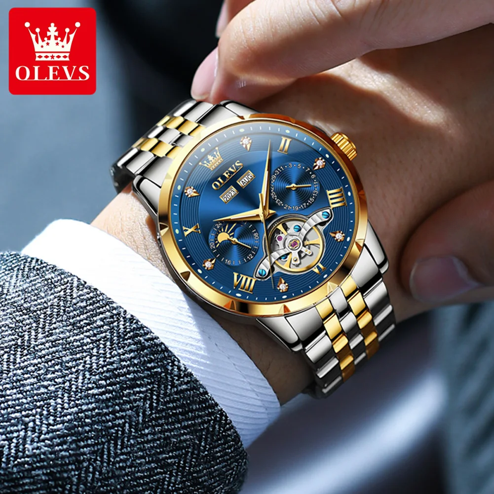 OLEVS 6691 Flywheel Men\'s Watches Bicolor Stainless steel Luxury Automatic Wristwatch Waterproof Moon phase Mechanical Watch Man