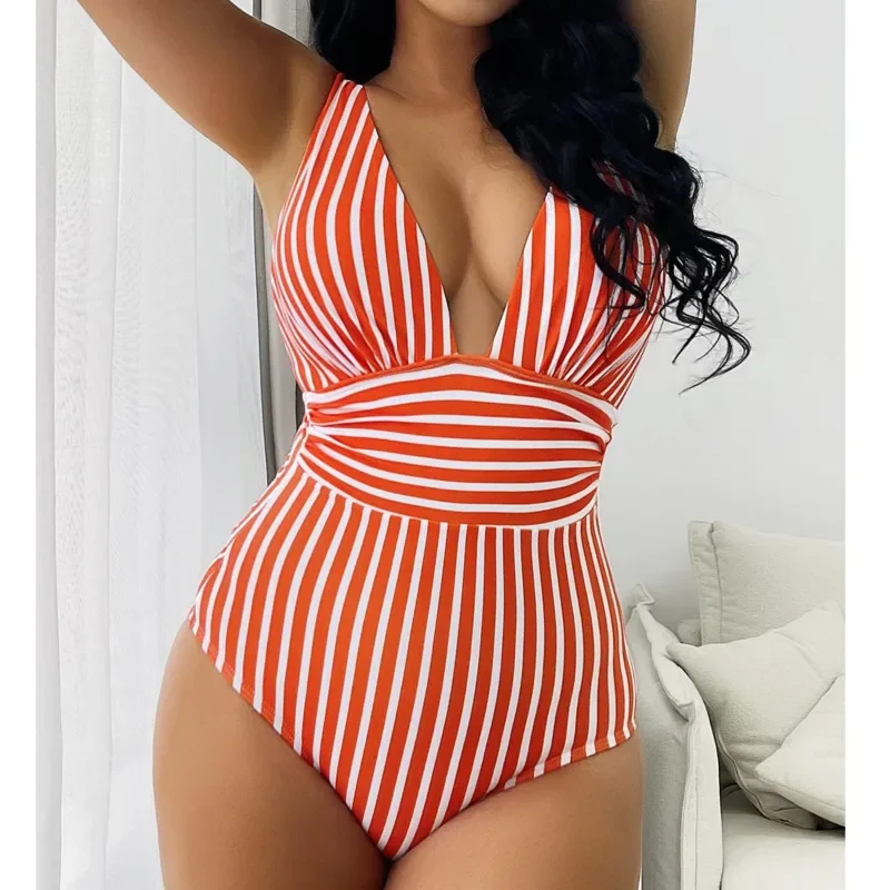 Summer Sexy Striped One Piece Swimsuit Closed Female Swimwear Push Up Body Women's Swim Wear Bathing Suit Beach Pool Bather 2025