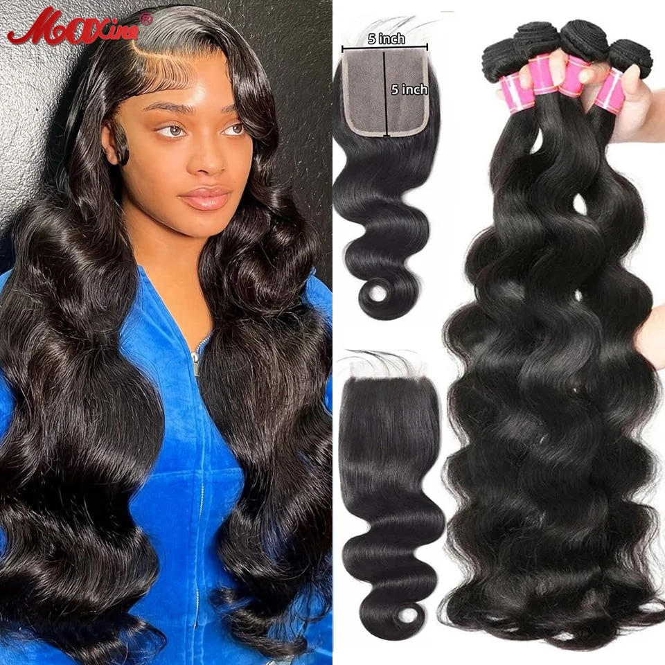 Maxine Body Wave Пучки искусственных волос для завивки с застежкой 5x5 Перуанские натуральные волосы 30, 32 дюйма