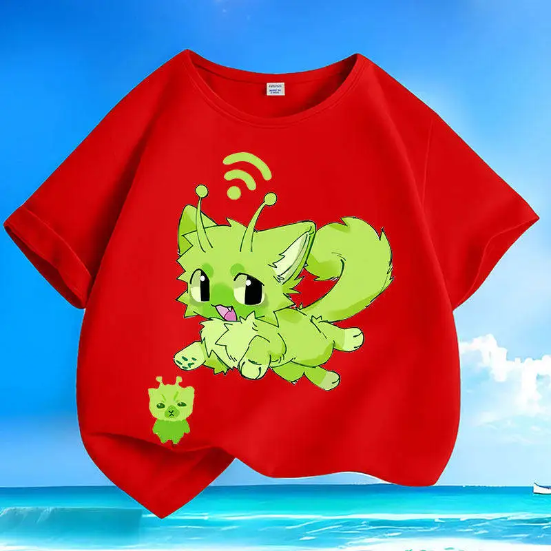 Alien Little Green Cat Abstract Pure Cotton Summer New Short Sleeved Men's and Women's Round Neck Loose T-shirt Parent Child Top