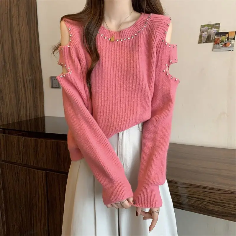 New autumn and winter women's hollowed out off shoulder sweater, loose and korean fashion  sweaters jumpers, nail bead top