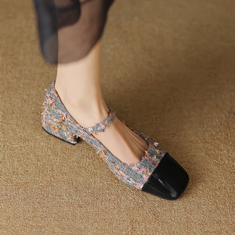 

Genuine Leather Mix Plaid Fabric Women Fashion Casual Square Toe Slip On Mary Jane Shoes Outdoor Heeled Sandals,Elegant Pumps