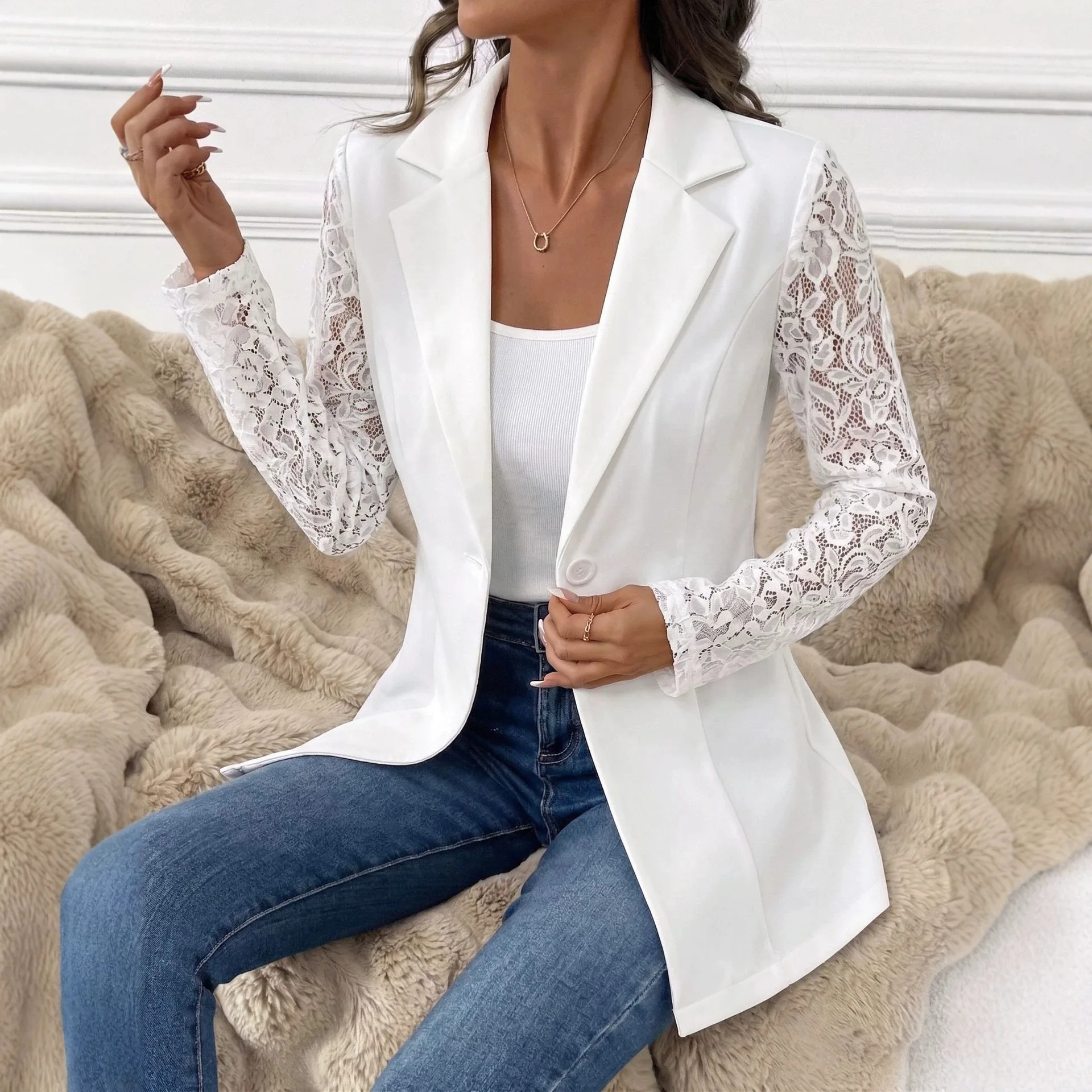 2026 Autumn. New Fashion Lapel. Smart Fit Single-button Small Suit Lace Long Sleeve Patchwork Jacket Party Clothing Boho