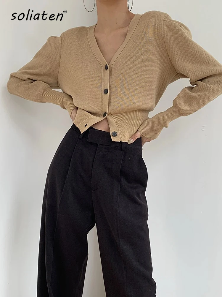 Knitted Sweater For Women 2024 Autumn Long Sleeve Single-Breasted V-neck Short Knitwear Cardigans C-065