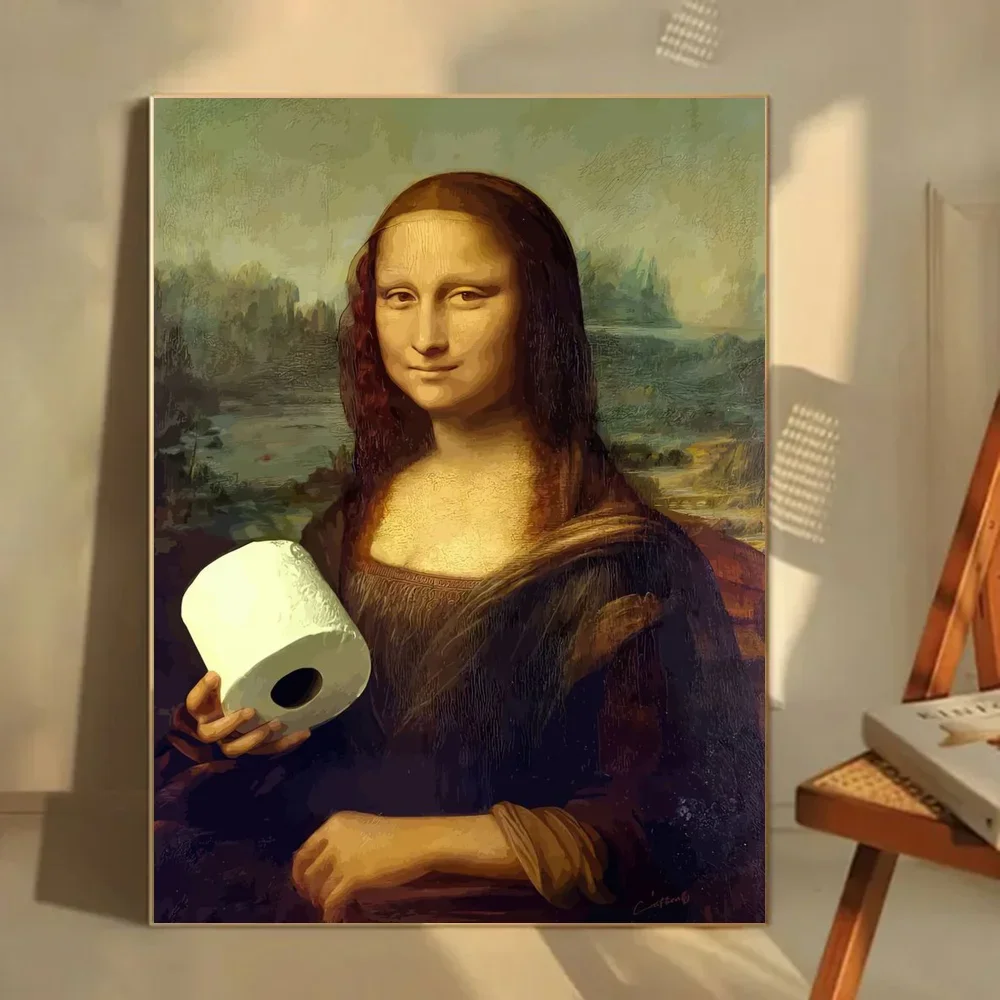 1pc zabawna toaleta Mona Lisa nosząca perły dziewczyna z rolką papierowy plakat samoprzylepna sztuka wodoodporna naklejka papierowa dekoracje ścienne — zdjęcie 5
