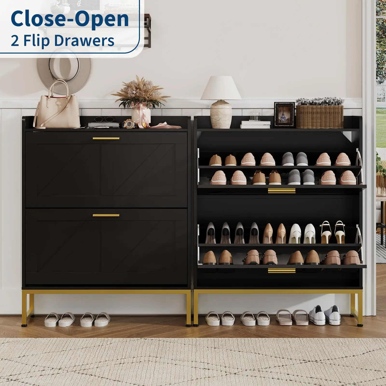 Narrow Shoe Cabinet For Entryway With 2-Tier Flip Drawers, Adjustable Shelves, Dustproof Back Panel, Freestanding Organizer