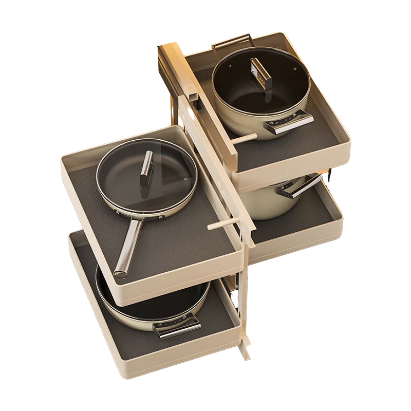 2-Tier Magic Corner Drawer Aluminum Champagne Gold Modern Minimalist Eco-Friendly Lazy Susan Save Space Kitchen Storage