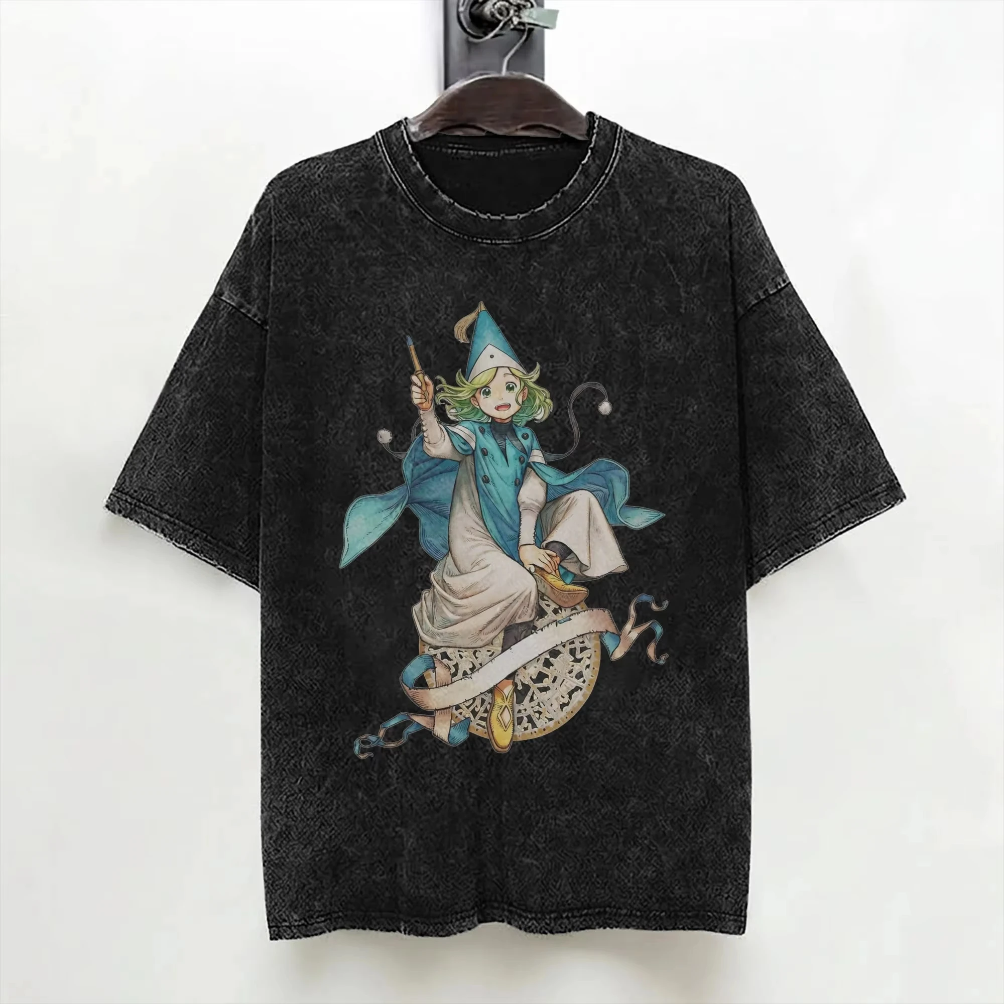 Anime Witch Hat Atelier Coco Vintage Washed T Shirt Unisex Oversized Casual Loose Short Sleeve Harajuku Streetwear Fans Tee Tops
