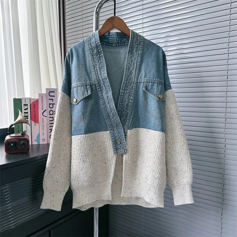 Cardigan en tricot patchwork en denim de style coréen pour femme, veste pull surdimensionnée et chic, inspirée du designer, tendance, automne et hiver
