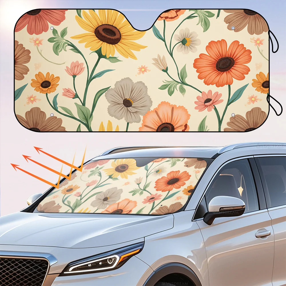1pc Vintage Floral Wallpaper Design Sun Visor Protector Car Windshield Sun Shade with 4 Free Suction Cups Keep Your Car SUV Truc