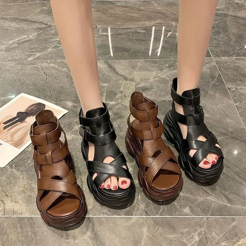 Beige Heeled Sandals Female Shoe Muffins shoe 2023 Summer Large Size Black Girls Comfort Clogs Fashion Gladiator Retro Flat Low