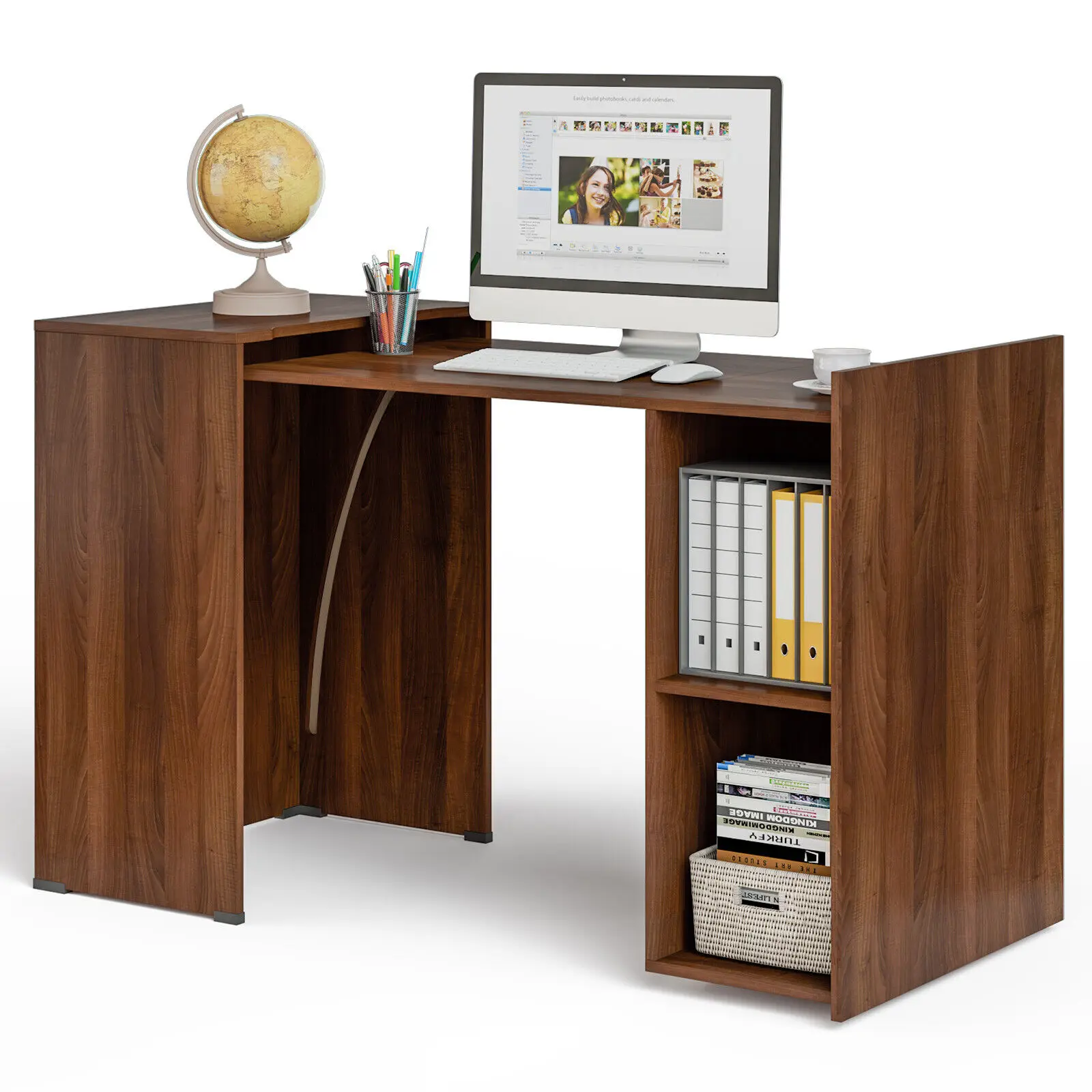 Costway Extendable Computer Desk Reversible Study Writing Desk w/ Mobile Shelves Brown