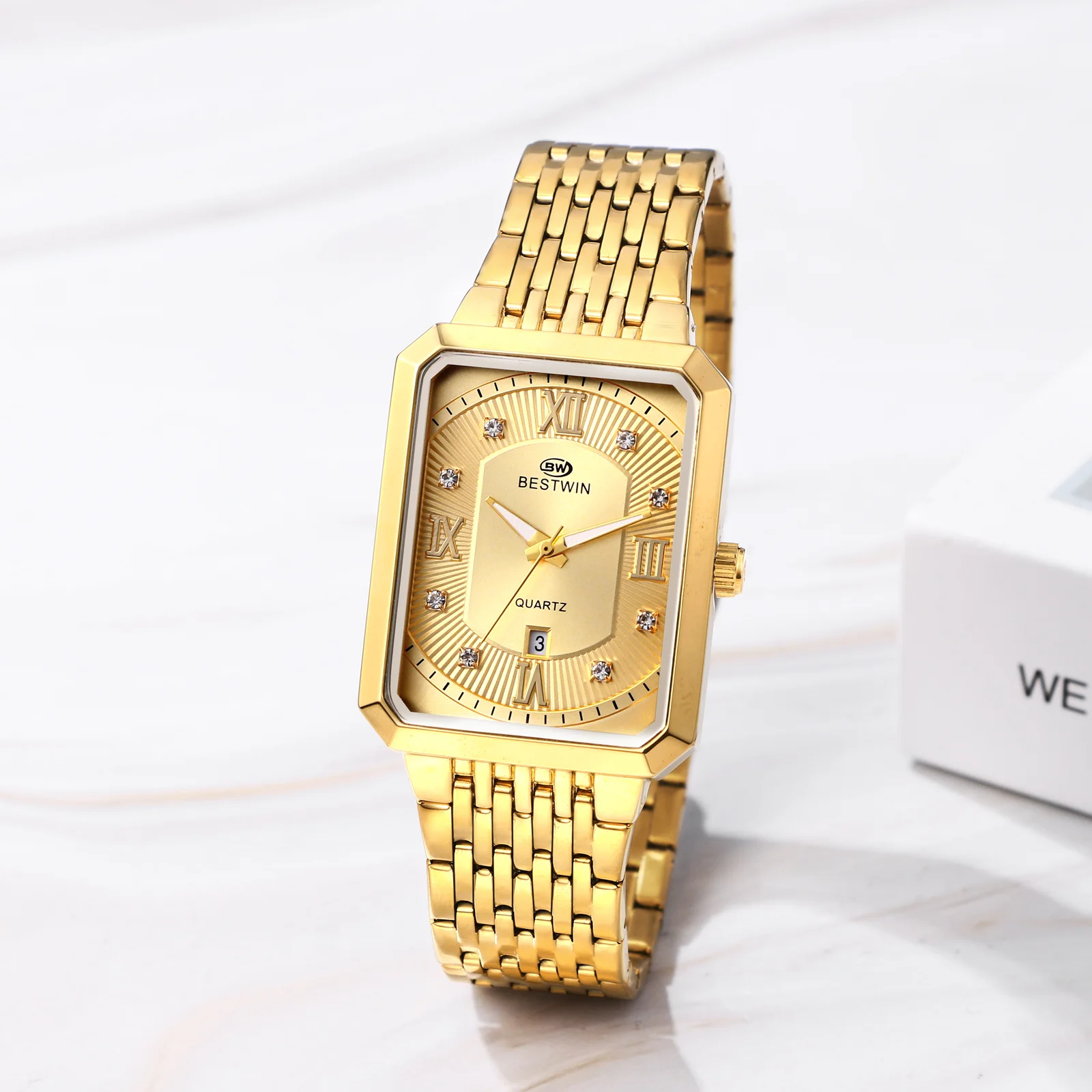 

LANCARDO Quartz Rectangular Case Calendar Dial Luminous Hands Waterproof Watch Stainless Steel Strap Diamond Dial Business Men