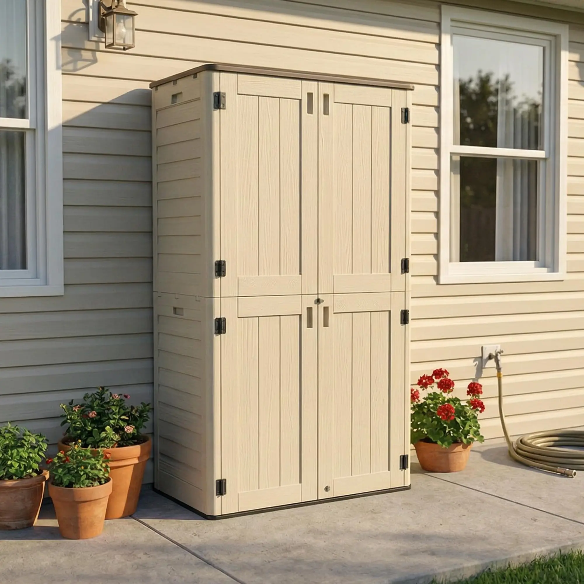 All Tall Outdoor Storage Shed, 61 Cu.Ft Veal Resin Storage Cabinet with Floor for Trash Cans, Patio & Garden, Khaki