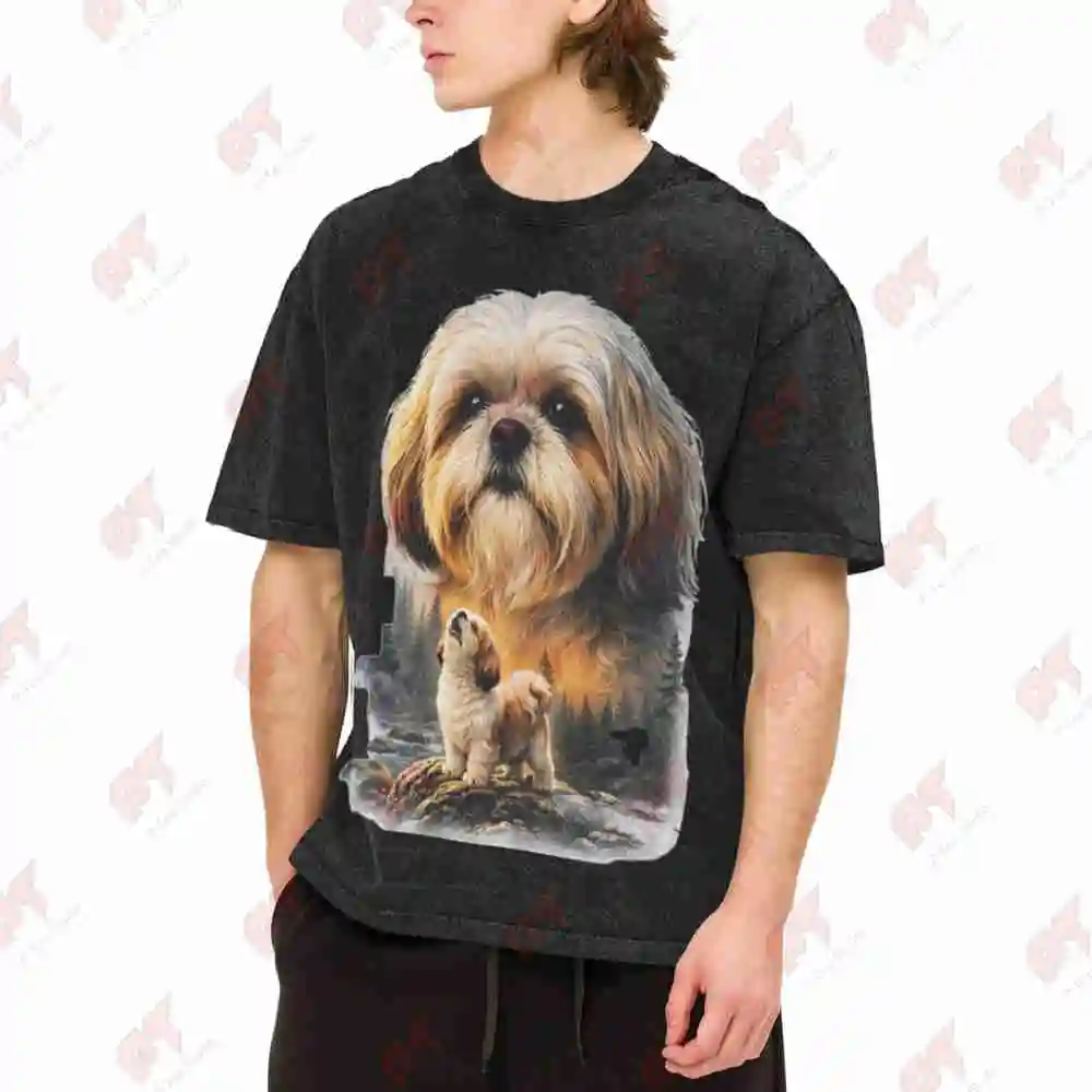 Shih Tzu Howling Moon Vintage Washed Tee Pure Cotton T-Shirt