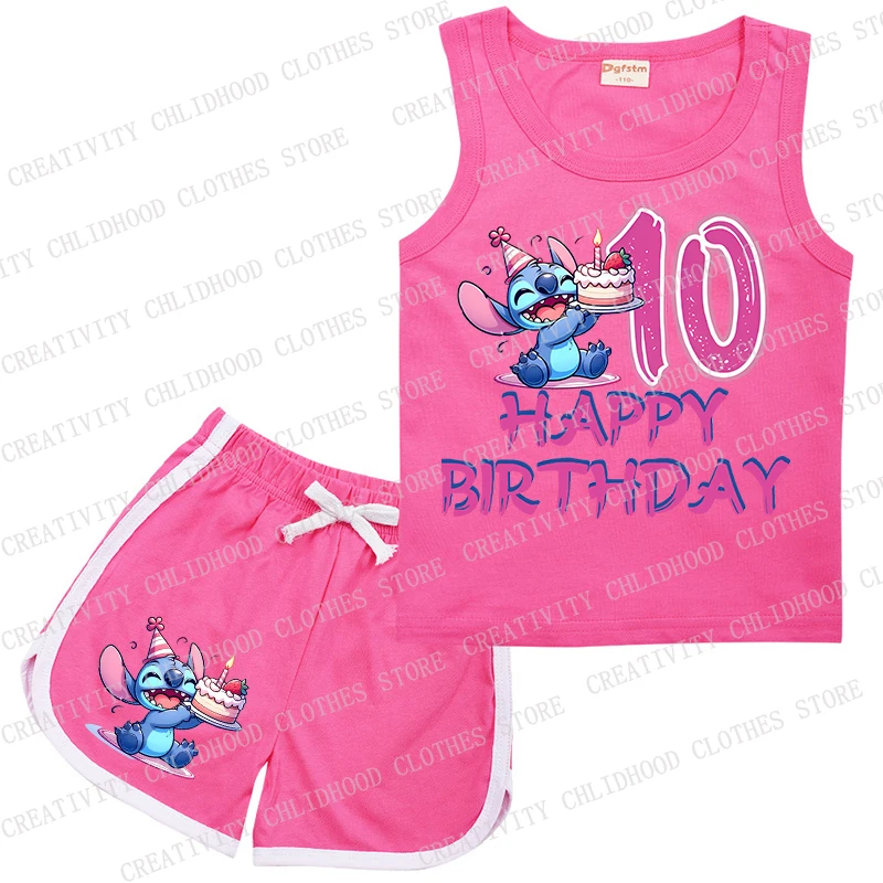 New Stitch Children Suit Birthday Number 1-14 Sports Kids Vest & Shorts Casual Clothes Sleeveless Girl Boy 2Pcs Sets Summer Wear