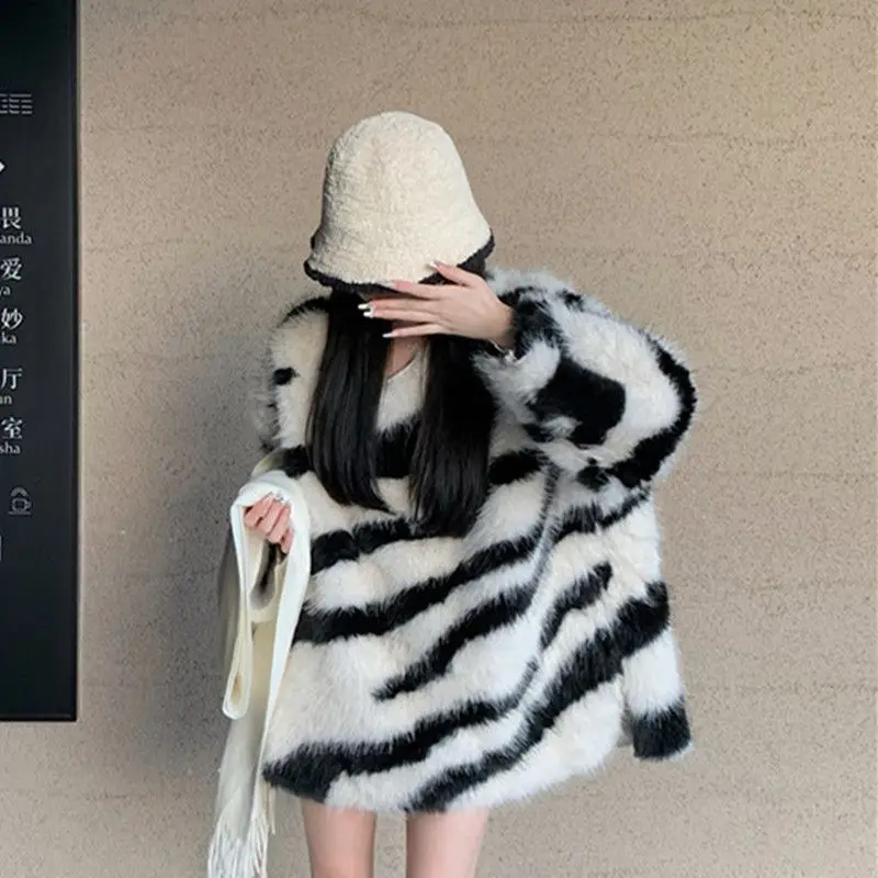 Zebra patterned imitation mink fur V-neck sweater for women autumn and winter loose knit sweater pullover top fur coat female