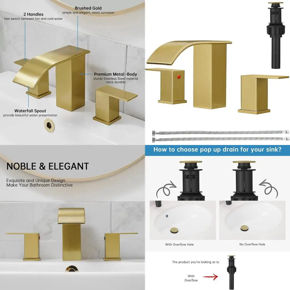 

8 Deck-Mounted Brushed Gold 3-Hole Bathroom Faucet Set with Pop-Up Drain and Widespread Handles