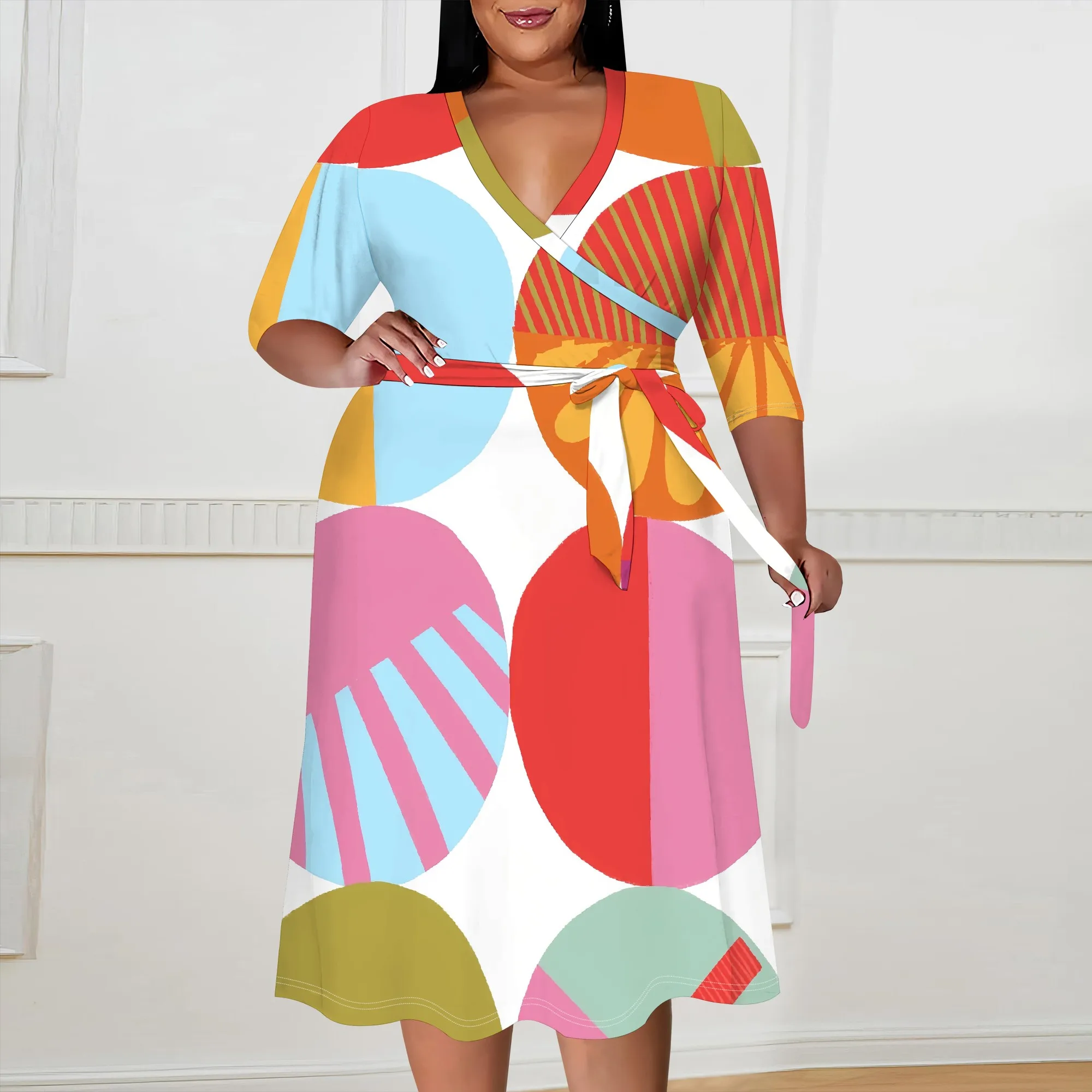

Color Block Abstract Print Dress XL-6XL Plus Size Wrap Style V-Neck Bright Summer Brunch Look for Curvy Women