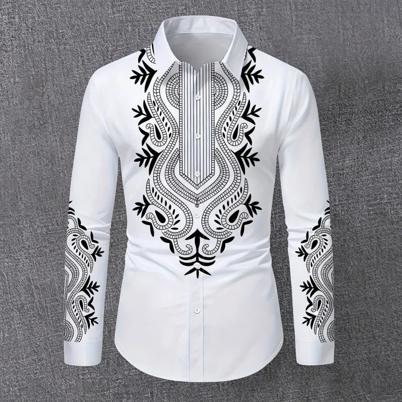 Street style printed men's shirt white black contrasting slim fit long sleeved shirt slim fit no iron business casual shirt