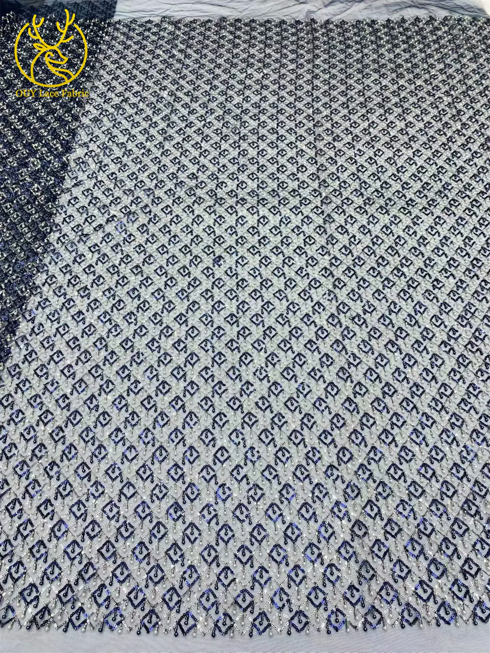 Olivgrüner afrikanischer Spitzenstoff, französischer Mesh-Spitzenstoff mit Pailletten und Perlen, Tüll-Mesh-Spitzenstoff für Damen, Hochzeitsfeier, Abendkleid, Nähen – Detail 6