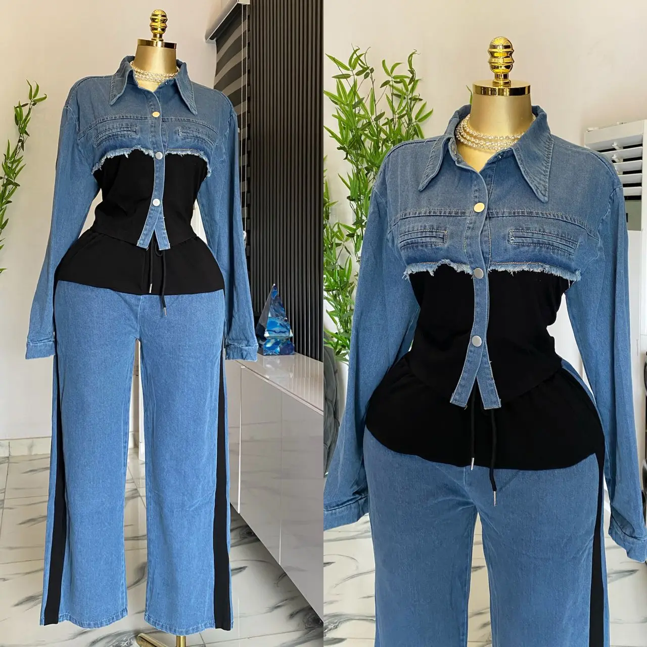 Denim Stitching Fashion Casual Suit Spring and Autumn New Long Sleeve Top Wide Leg Long Pants Two-Piece Suit Ropa Mujer