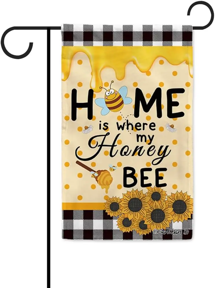 Home is Where My Honey Bee Garden Flag Sunflowers Plaid Check Buffalo Spring Summer Outdoor Yard Decor Flag Banner 12.5 X 18 yyi