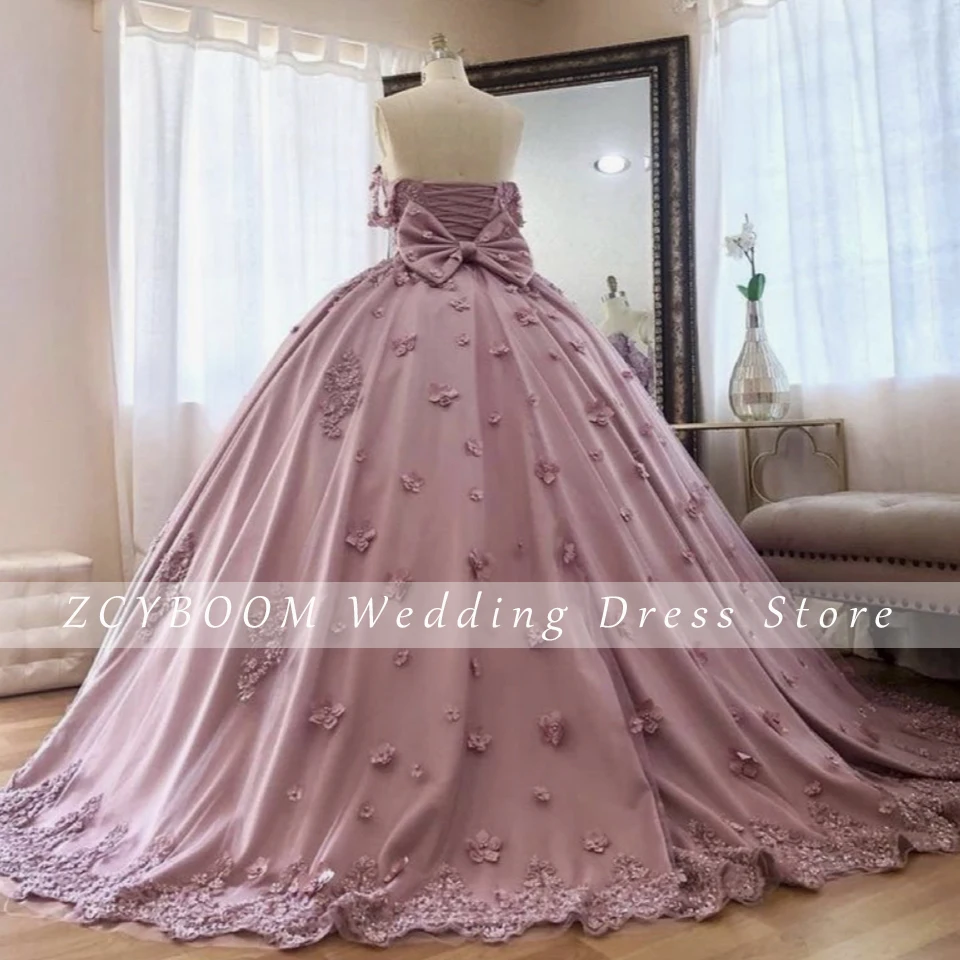 Luksusowa aplikacja z koralikami muchy kwiaty sukienka na Quinceanera 2024 suknia balowa do podłogi Sweep Train Princess Party Dress