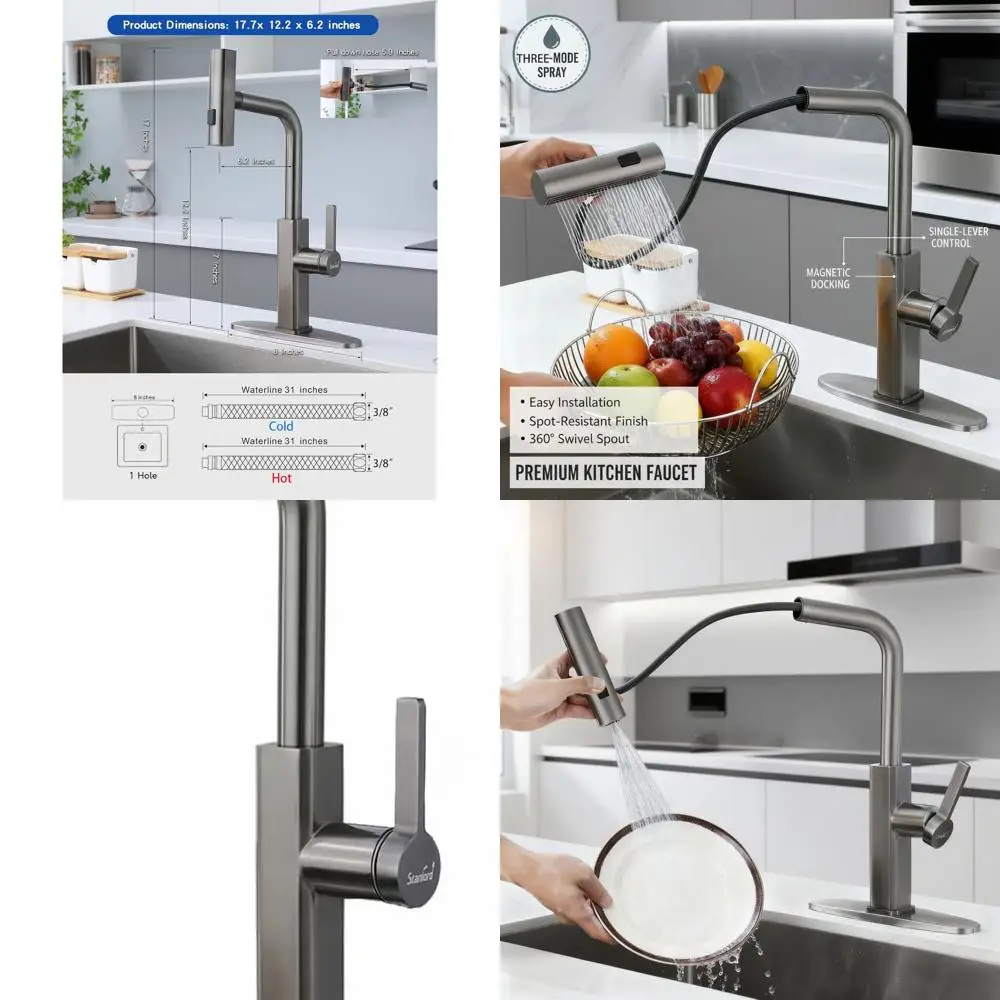 

High-Arc Pull-Down Sprayer Kitchen Faucet with 3 Functions, 59 Hose, Smoky Gray, 304 Stainless Steel
