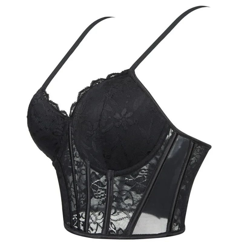 Czarny koronkowy gorset bustier damski push-up z przezroczystej siateczki, elegancka bielizna na imprezę klubową.