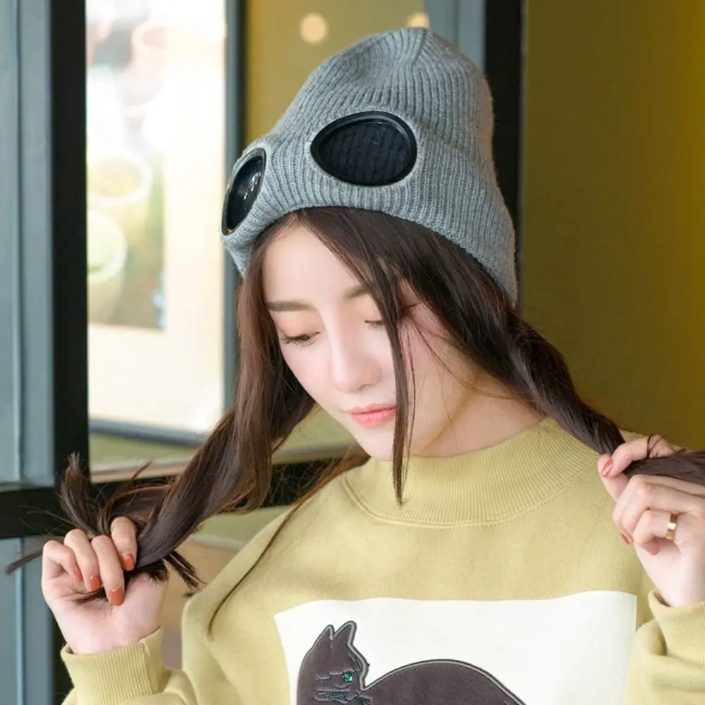 Men Beanie Caps With Glasses Skullies Caps Pullover Cap Pilot Glasses Cap Korean Beanies Women Wool Caps Knitted Hats Ski Cap