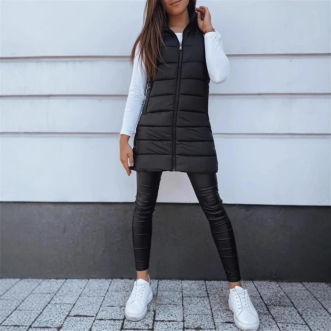 Polo Collar Pocket Coat Mid Long Length Slim Fit Japanese Korean Casual with Autumn Single Row Multi Button Closure Women Vest
