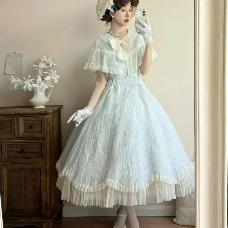

Элегантное милое платье Лолиты в корейском стиле, женское платье с высокой талией и бантом, кружевная шаль с рюшами, тонкие платья, японская мода, платье миди Y2k