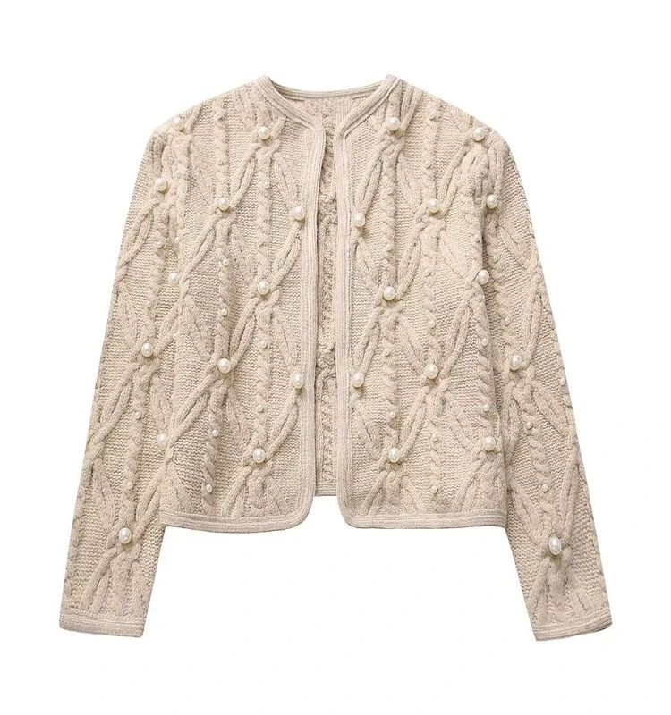 

Winter New Sle Women's Knitted Jaet Artificial Pearl Decorated Eight-strand Braid Versatile Outerwear Commute Sle ort...