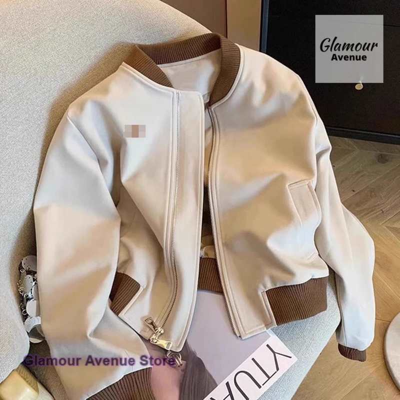 American retro street baseball uniform jacket women's spring and autumn new contrast thin casual Joker short jacket top.