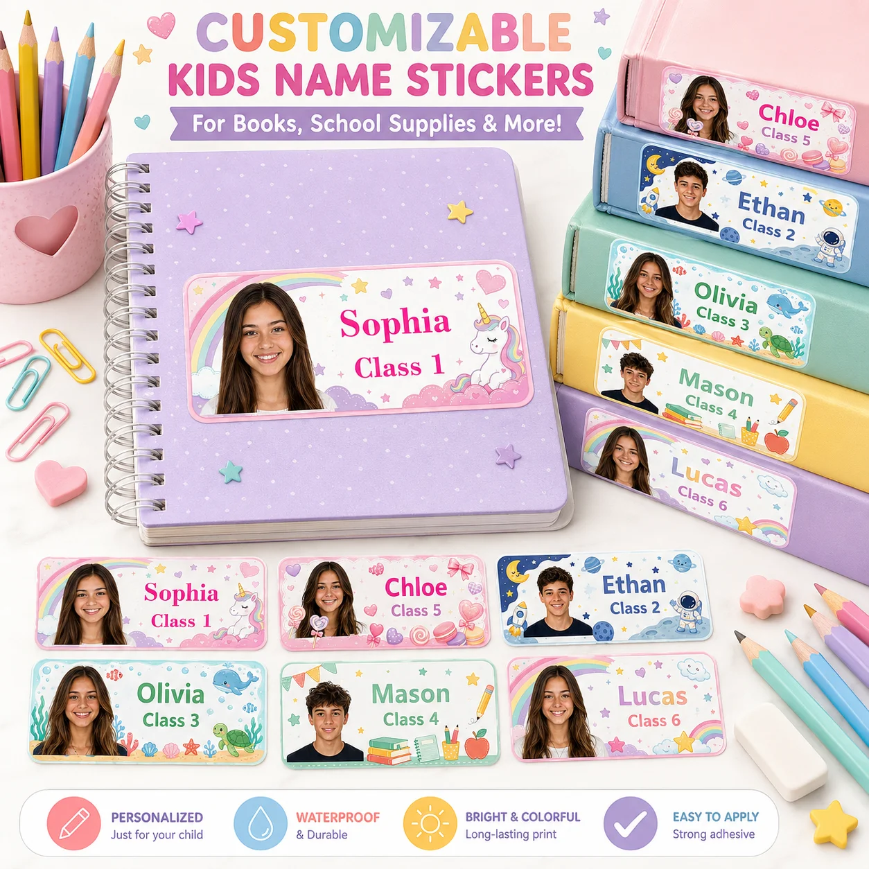 Customized Photo Name Class Stickers, Personalized Student Labels, Suitable for Books, Notebooks, Pencil Cases, Water Bottles, Lunch Boxes, and School Supplies