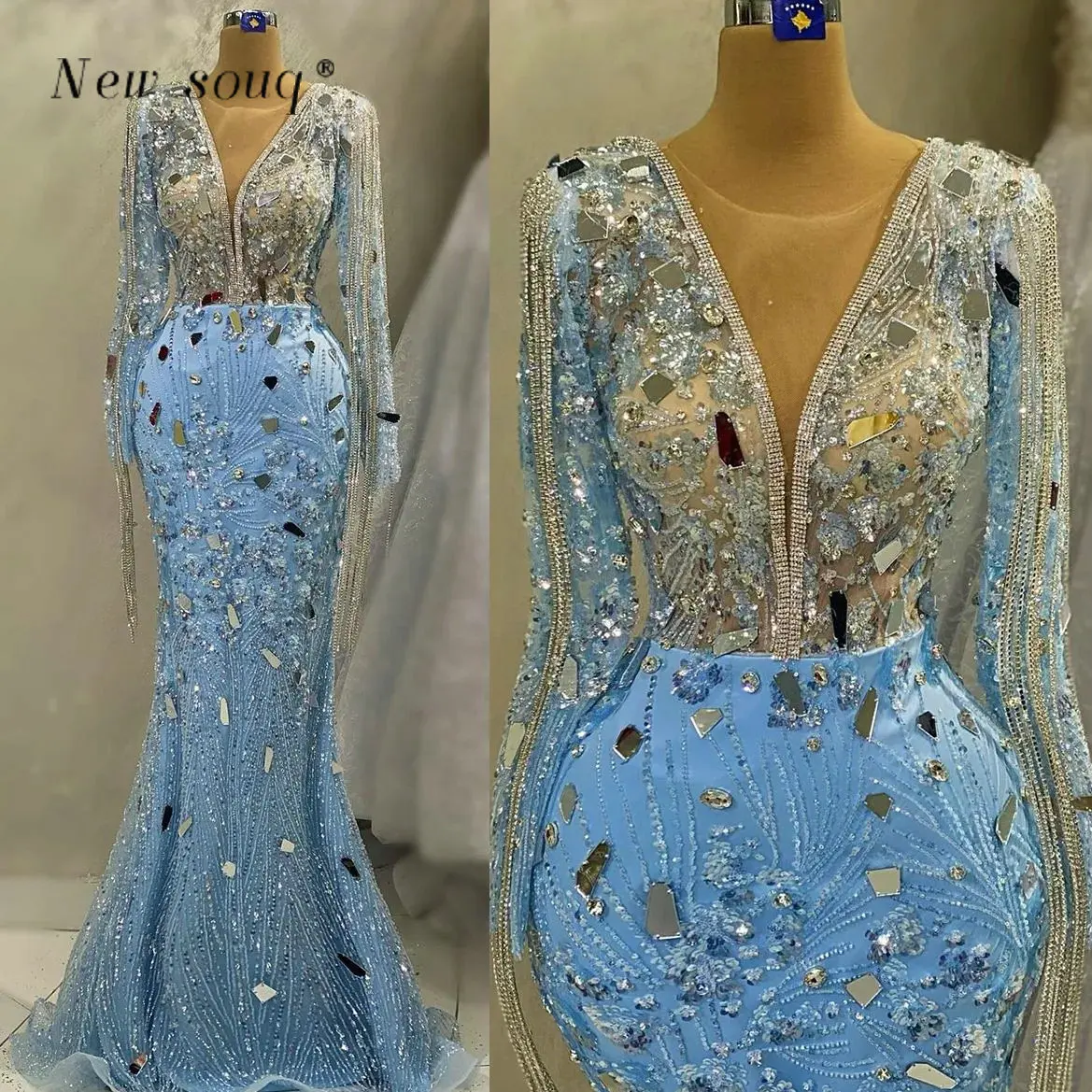 Glittering Illusion Deep V Neckline Sky Blue Long Sleeves Mermaid Evening Dresses Silver Mirror Crystals Chains Dinner Gowns