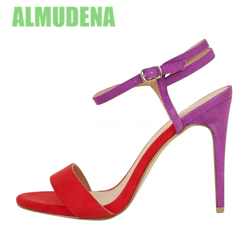 

Color Blocked Suede Sandals Fashionable Faux Leather Buckle Design Simple Temperament Slim High Heels Sandalias De Mujer Verano
