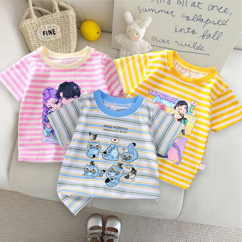 

Полосатая футболка Move K-Pop «Охотники на демонов» с короткими рукавами, летняя одежда для малышей с милыми героями мультфильмов для мальчиков и девочек, модные рубашки с круглым вырезом