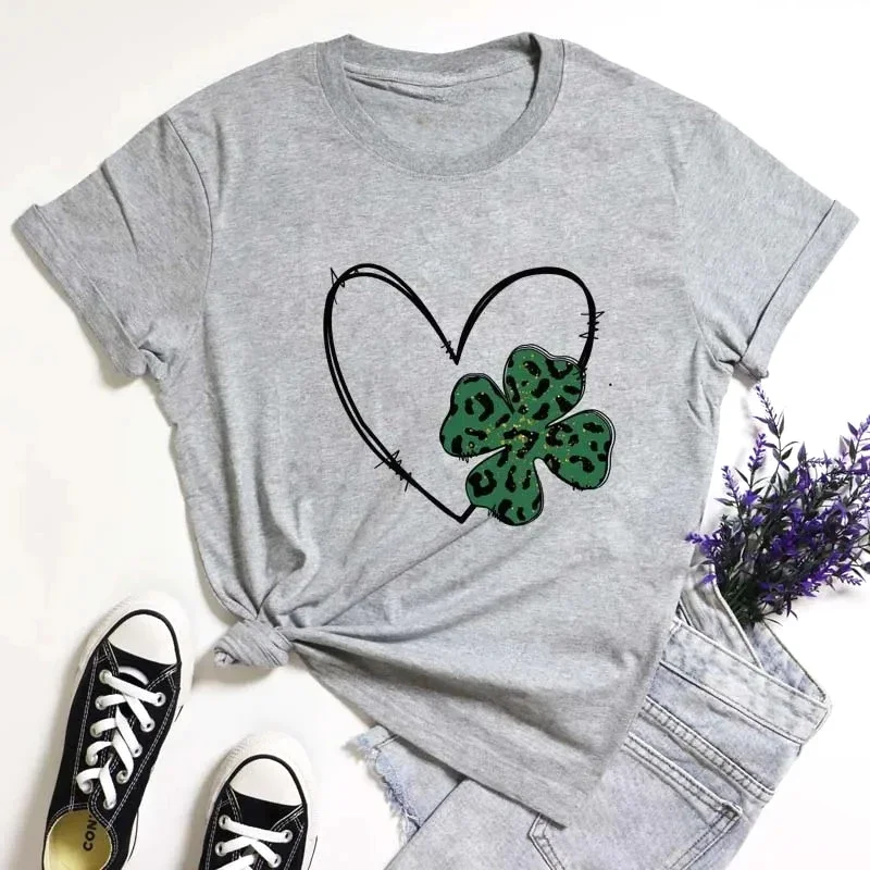 Leopard Clover Heart Print T-shirt Happy St Patrick's Day Gift Tshirt Cute Women Irish Shamrock Lucky Tops Summer Clothing