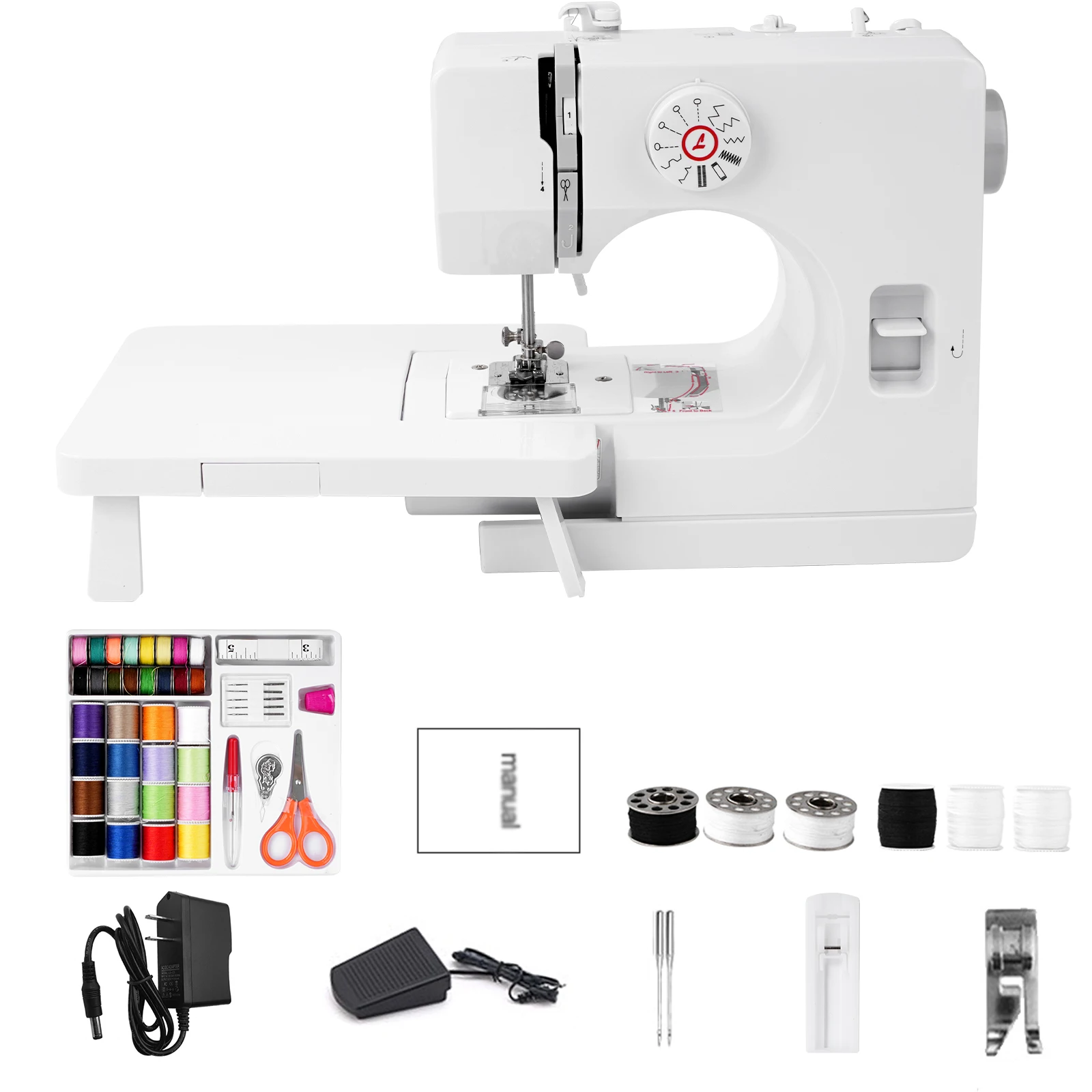 

725 Мини-швейная машина, 12 стежков, электрическая швейная машина с удлинительным столом и швейным комплектом, длительный срок службы США