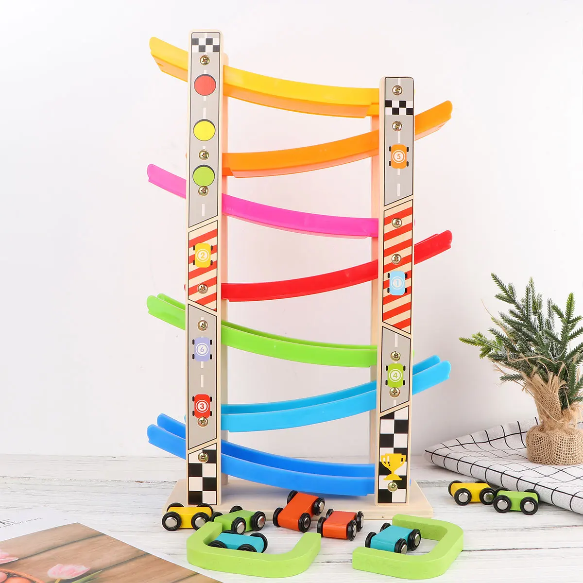 

1 Set Wooden Gliding Car Inertia Round Corner Cartoon Pattern Educational Race Track For Kids Playtime Learning Development