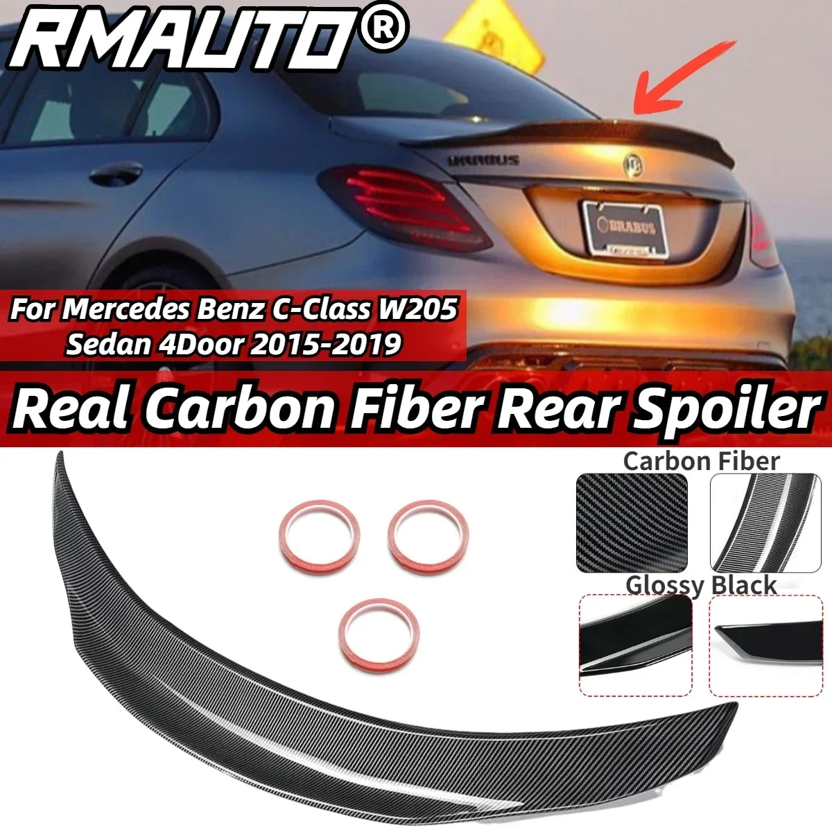 RMAUTO Carbon Fiber PSM Rear Trunk Spoiler Wing For Mercedes Benz C-Class W205 Sedan 4Door 2015-2019 Car Accessories Body Kit